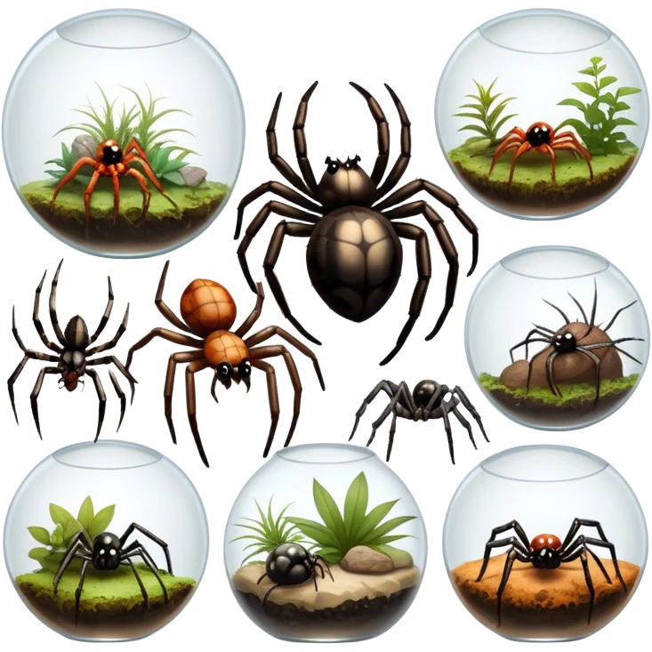 Close-up collage of different pet spiders like tarantulas, jumping spiders, and orb-weavers inside their terrariums. The spiders are in various poses: resting, climbing, spinning webs. Soft natural lighting highlights their textures and details. Transparent background emoji