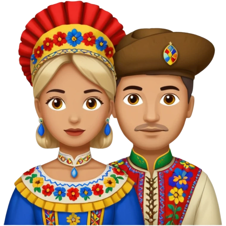 An woman dressed in a national Romanian costume and a men right next to her dressed in a Romanian national costume emoji