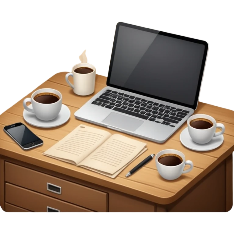 emoji of a cozy desk with a paper, a single coffee, and a laptop on it emoji