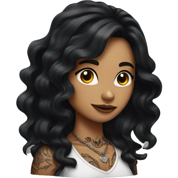 Girl with long black wavy hair and neck tattoos  emoji