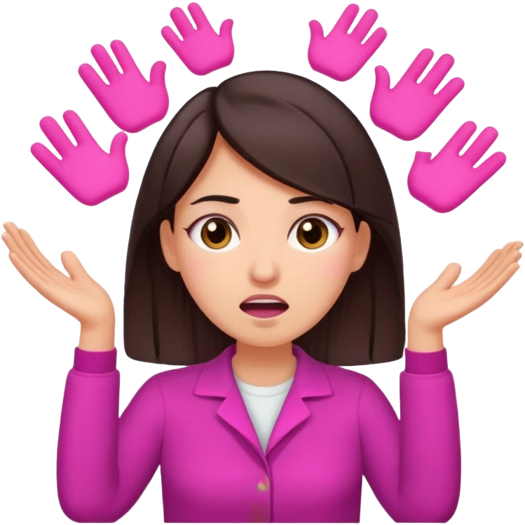 Social media manager. She has dark brown hair, brown eyes, exhaling deeply, hands slightly raised showing frustration. Use vibrant colors with a focus on pink and fuchsia tone emoji