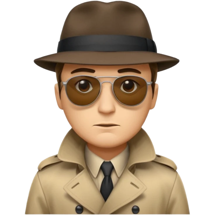 spy wearing sunglasses, a fedora and trench coat.  He is looking menacingly ahead.  emoji