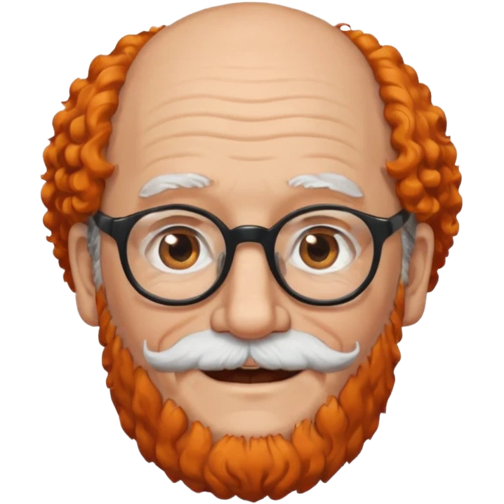 An elderly man with curly orange hair, brown eyes, black glasses, and a white beard, wearing a gentle smile. emoji