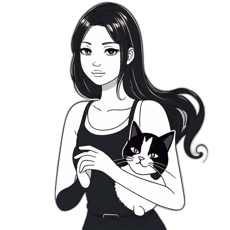 girl with black hair and black and white cat emoji
