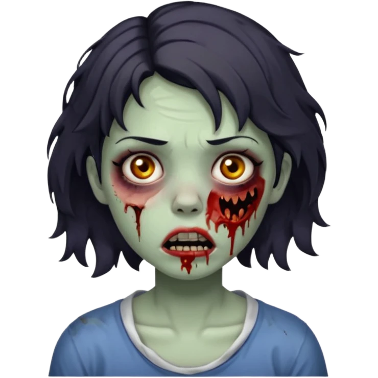 Zombie girl with bruises, she has a dark short wavy hair, she has a tired expression and BLACK eyes, she has dark circles too, her mouth is ripped emoji