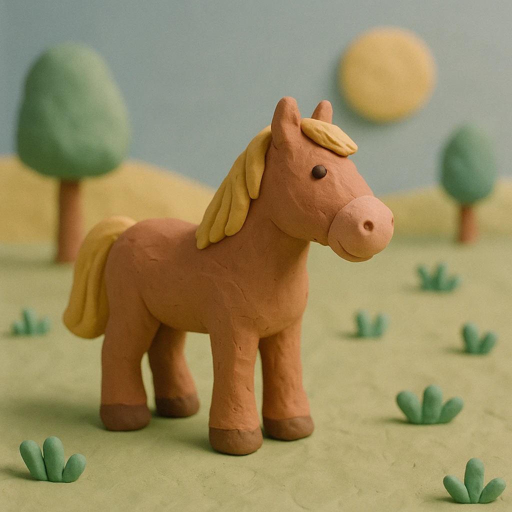 horse standing in a field, pastel colors, visible fingerprints, playful and textured, claymation style emoji