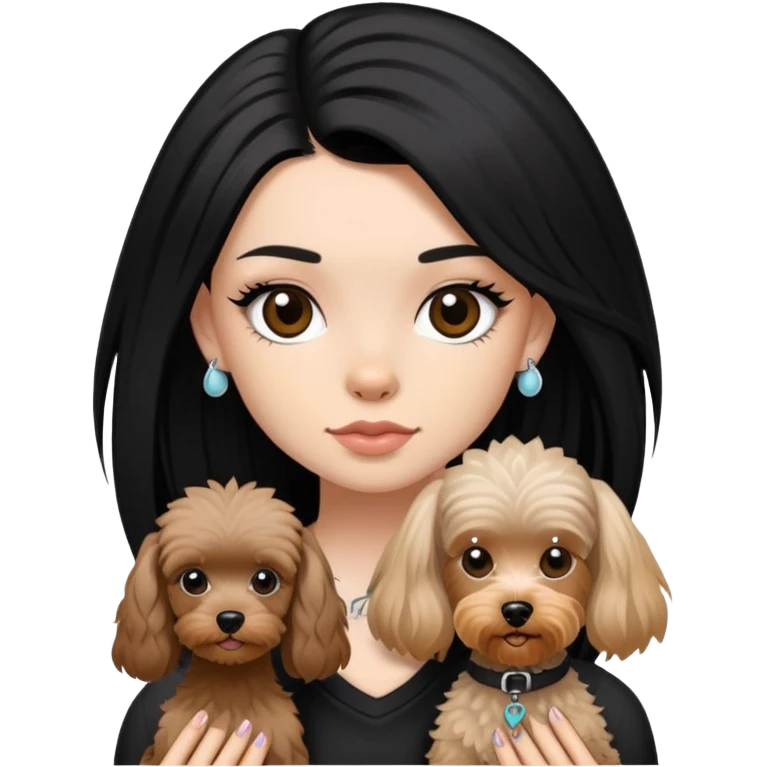 girl with long black  straight hair and tattoos and a  white Yorkshire and a brown poodle emoji