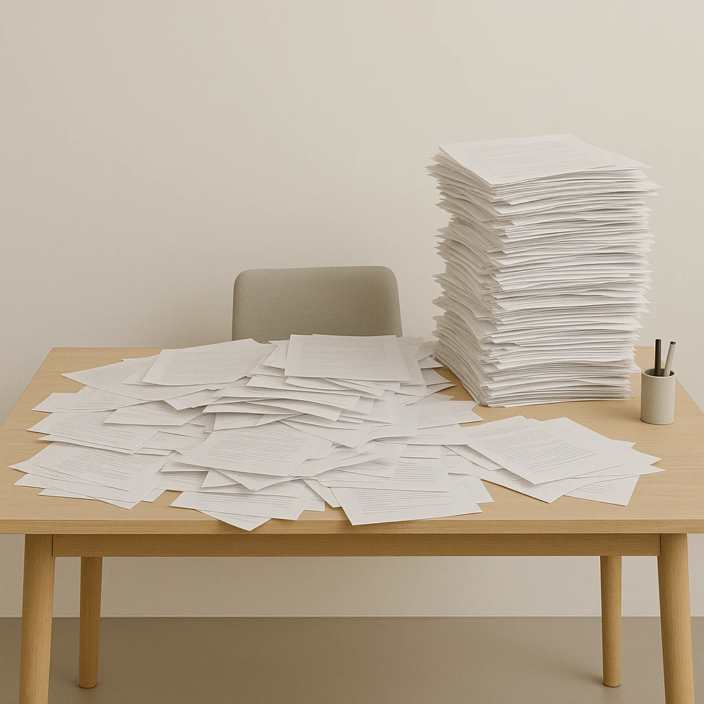 minimalist desk cluttered with papers spilling over, symbolizing overwhelming admin workload, all elements contained within the frame, no edges cut off emoji