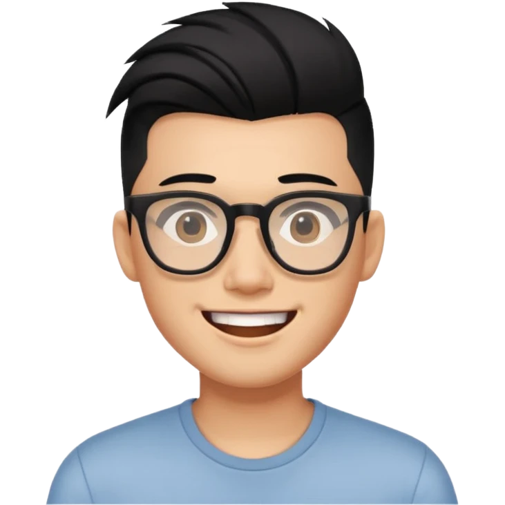 Asian guy with black hair undercut with shaved sides, square frame glasses, modern youthful look, big smile emoji