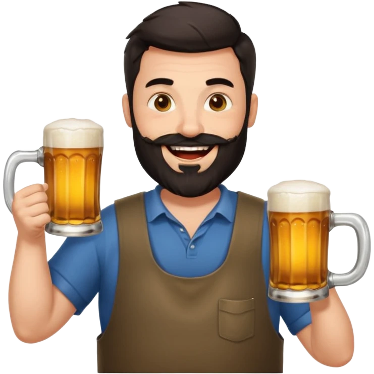 big man in yoga pose, bright skin, dark beard and dark short hair, holding beer mugs emoji