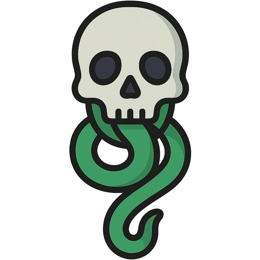 digital sticker of the Dark Mark: a skull with a snake coming out of its mouth, semi-realistic vector art style, clean outlines, flat green, black, and gray colors, slight shadows, arranged for a sticker sheet emoji