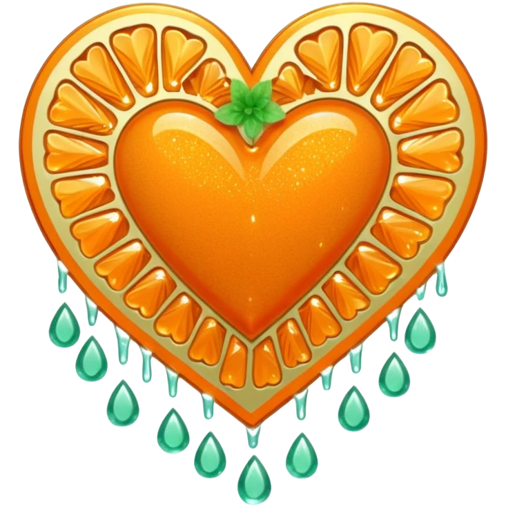 orange glittery heart, chopped  in pieces  with mint green water dripping down and a couple art deco fans  emoji