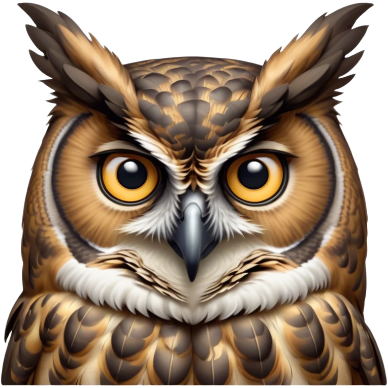 Cinematic Noble Great Horned Owl Portrait Emoji, Poised and regal, with a commanding, broad build and a richly mottled plumage of grays, whites, and subtle browns, deep-set soulful golden eyes, Simplified yet sharp and sophisticated features, highly detailed, glowing with a soft, dignified glow, high shine, intelligent and enigmatic, stylized with an air of nocturnal majesty, focused and attentive, soft glowing outline, capturing the essence of a watchful and confident raptor, so majestic it feels as though it could silently swoop out of the screen with effortless authority! emoji