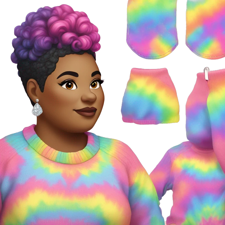 Plus size black woman with pink curly pixie cut hair and a rainbow tie dye sweater , and diamond stud earrings  emoji