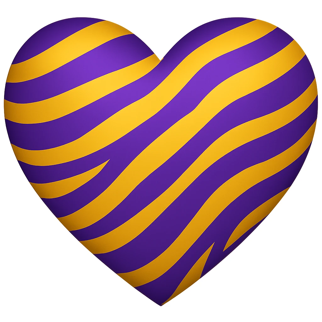 Remove any tiger imagery and only show large purple and gold tiger stripes on the heart. Make the stripes larger and more prominent. The style should maintain the look of the original image while focusing on the purple and gold tiger stripes on the heart only. emoji