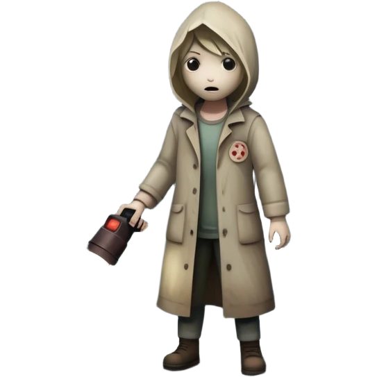 An icon depicting a dark, foggy street with eerie, abandoned buildings, inspired by Silent Hill 2. The design features a mysterious figure holding a flashlight, casting long shadows. A chilling atmosphere is created by dim lighting and unsettling details. Transparent background. emoji