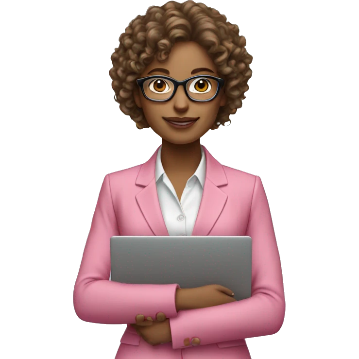 Business women curly hair glasses and wearing a pink suit holding a laptop  emoji
