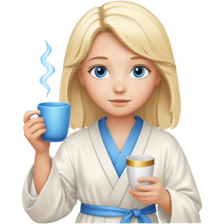 angelic blonde girl with middle length hair and blue eyes holds a cup in a robe emoji