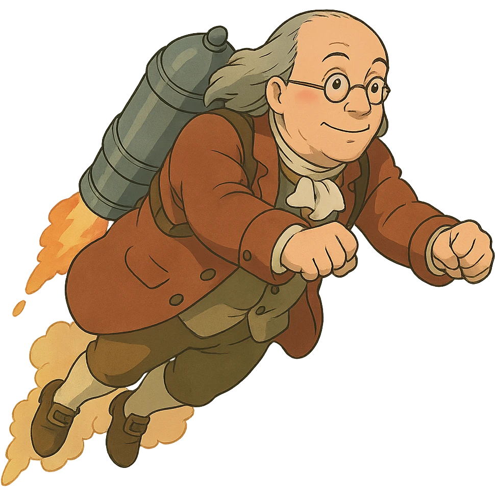 Ben Franklin flying with a jetpack emoji