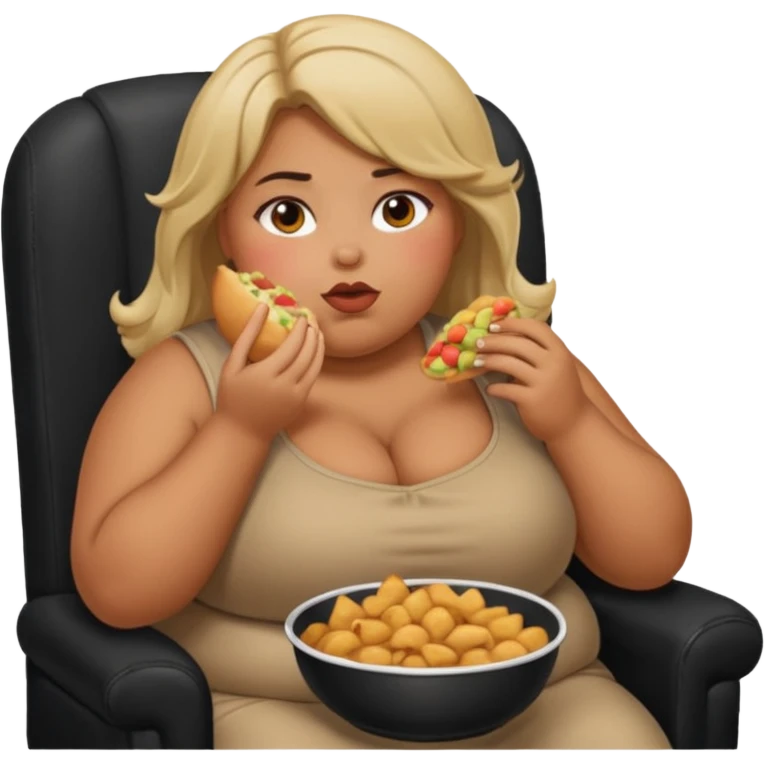 Heavyset girl stuffing face with food while sitting in black chair emoji