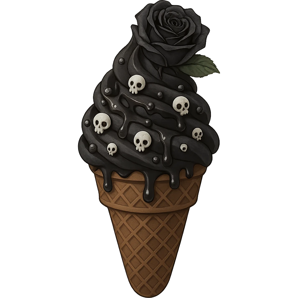 Gothic ice cream with black chocolate drizzle, tiny skull sprinkles, and a dark rose on top, no background, in a general style. emoji