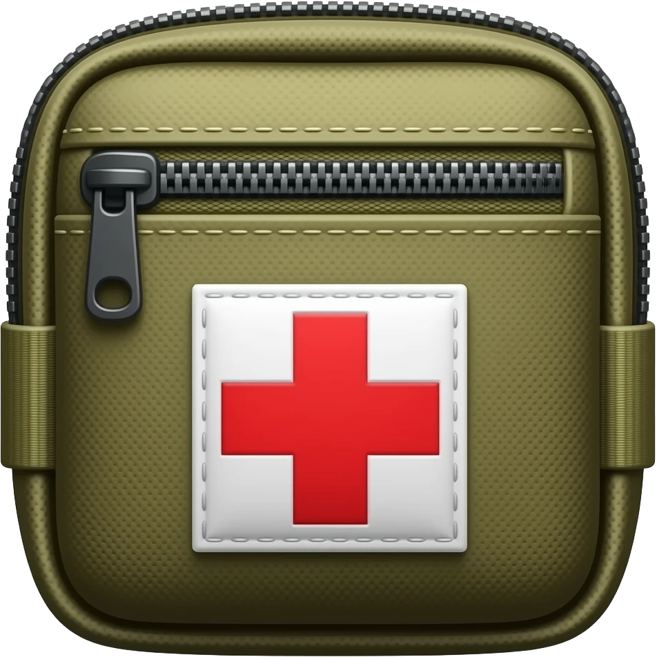 Minimal tactical cartoon emoji style, tactical medic pouch with red cross patch, olive drab fabric, zipper details, dusty corners, compact military style, transparent background, centered composition, thick outline, muted earth tones. emoji