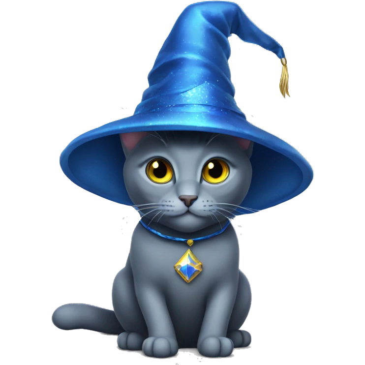 Russian blue cat with a blue wizard hat emoji
