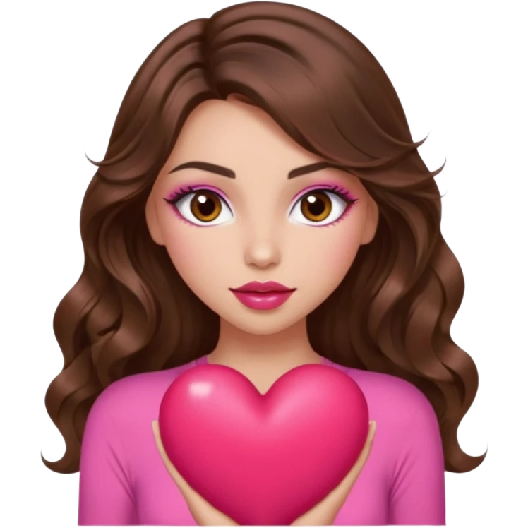 girl with long wavy brown hair, brown eyes, long lashes makeup, sexy pink lips, light to medium complexion, wearing a pink sexy top, squeezing a big heart emoji