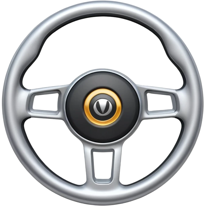 A futuristic steering wheel emoji made of silver chrome, minimal geometric design, smooth metallic surface, soft reflections, iOS emoji style, centered, clean white background emoji
