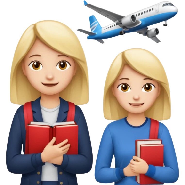 

Left: a stressed, sad student preparing for IELTS, holding books and coffee, tired face, exam stress.

Right: a happy confident student after IELTS, traveling abroad, airplane, university, freedom, smiling.

Style: emoji, clean, simple, white background. emoji