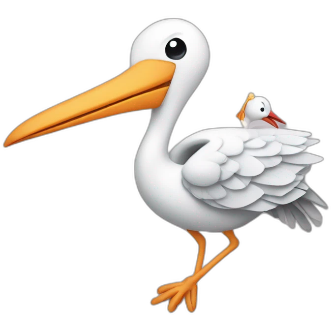 stork delivering baby boy in fabric held in its beak you can see the baby boys human face popping from the top of the fabric the stork is holding emoji