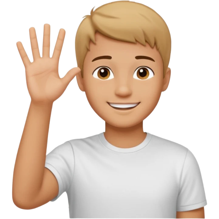 joven trigueño corte de pelo corto polera blanca sonrisa bonita saludando mano arriba emoji