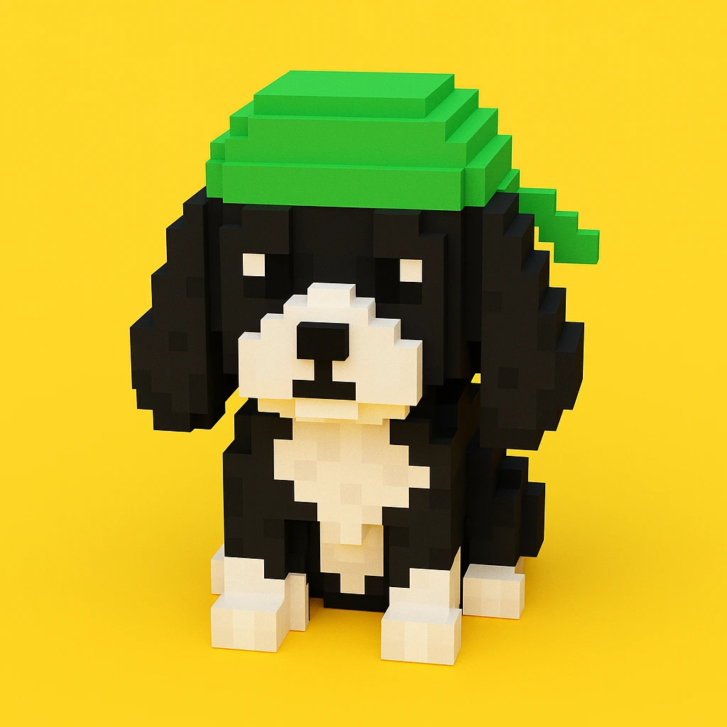 A black and white Russian Cocker Spaniel puppy wearing a green durag, voxel style, sitting, facing forward emoji