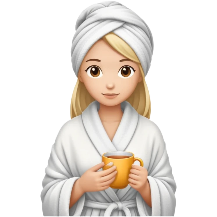 girl hair wrapped in towel wearing robe holding tea emoji