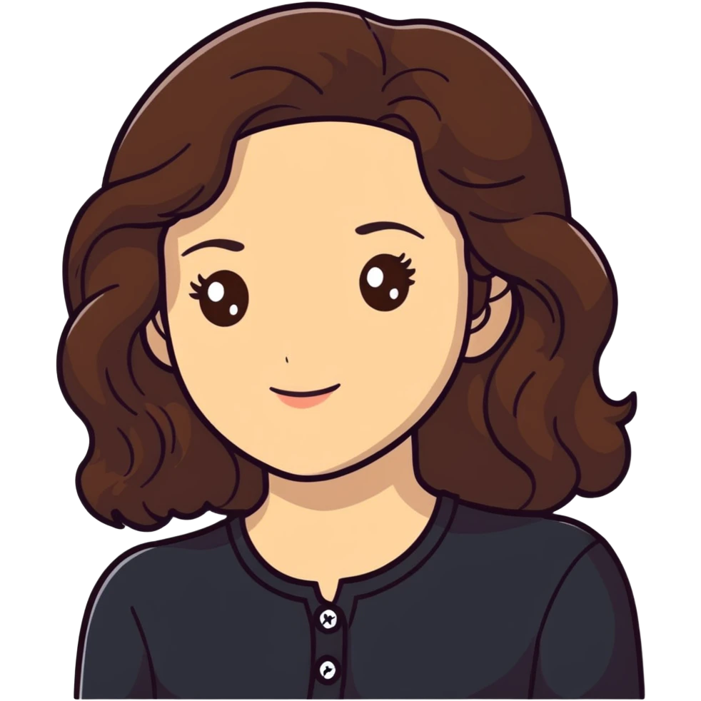 27 year old Caucasian woman with fair skin, brown eyes, long wavy dark brown hair, wearing a black top with a button emoji