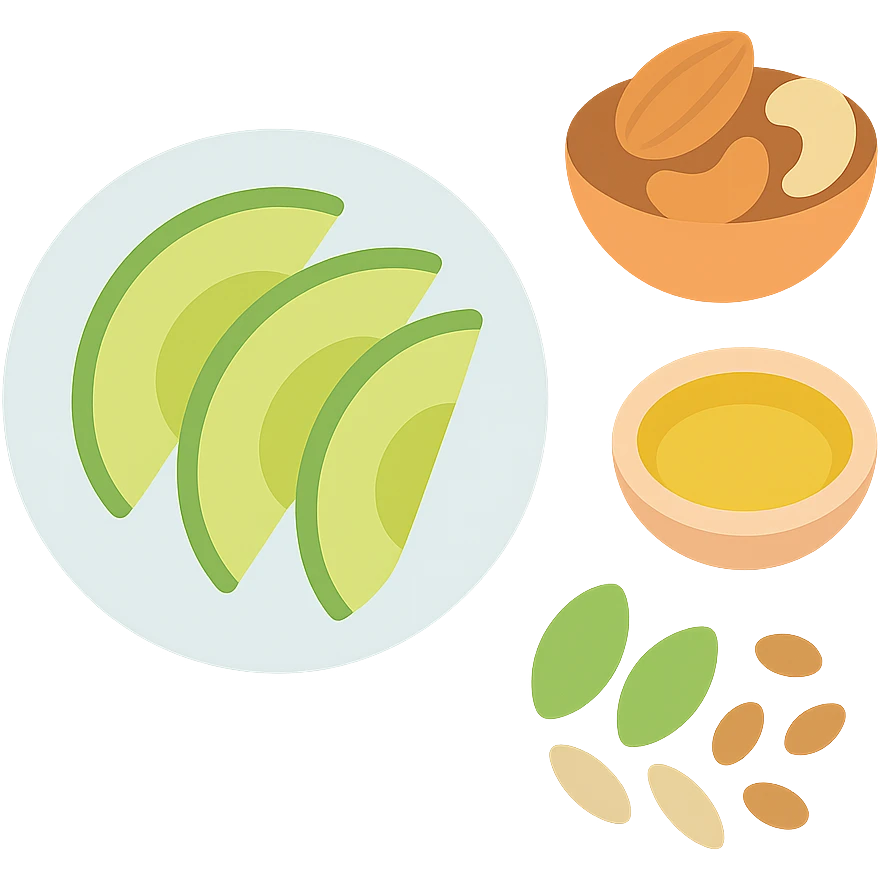 plate with avocado slices, assorted nuts, small dish of olive oil, and mixed seeds emoji