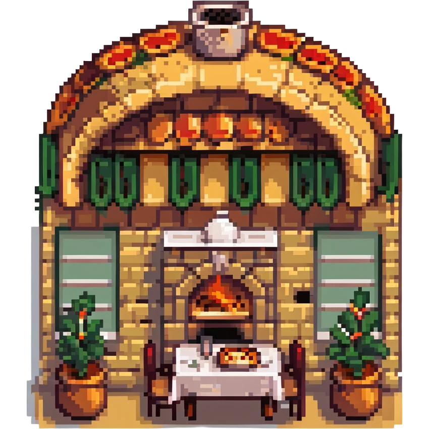 Italian restaurant with pizza oven visible through window, warm colors in pixel art style emoji