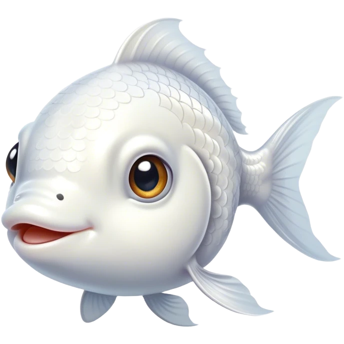 Cinematic Cute White Goldfish Portrait Emoji, Head tilted playfully and inquisitively, featuring a glossy, pure white body with delicate, shimmering scales and round, sparkling pale eyes filled with curiosity, Simplified yet irresistibly adorable features, highly detailed, glowing with a warm, friendly glow, high shine, affectionate and lively, stylized with a touch of whimsy, bright and endearing, soft glowing outline, capturing the essence of a mischievous yet loving goldfish, so playful it feels like it could swim out of the screen and into your heart! emoji