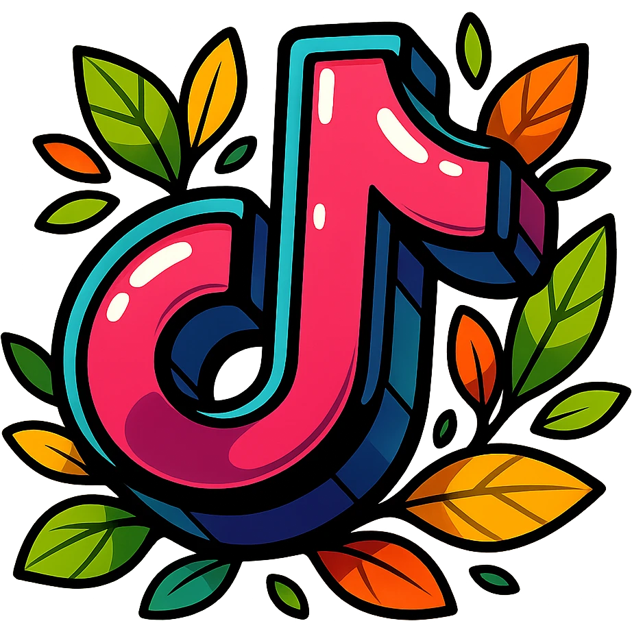 chunky, playful TikTok logo, vibrant toon style, bold cartoon outline, dramatic shadows, glossy highlights, surrounded by bright leaves, no background emoji