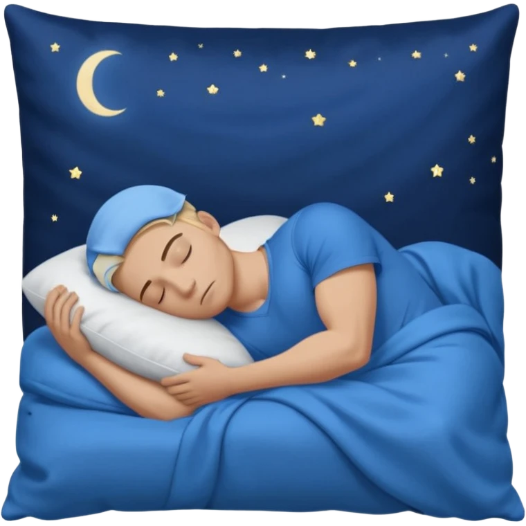 A young muscular male with short dark-blonde hair and medium-light skin, wearing blue cloth. He sleeps on his side, holding a soft white pillow, his head on a smooth blue pillow. A sleeping symbol floats above him in the dark, nighttime scene. A flowing blue blanket with silky folds covers him. emoji