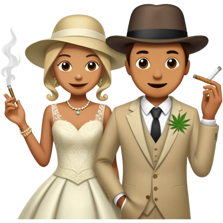 Person in fancy clothes sneaking into a wedding ceremony with a mischievous grin, uninvited guest, smoking cannabis emoji