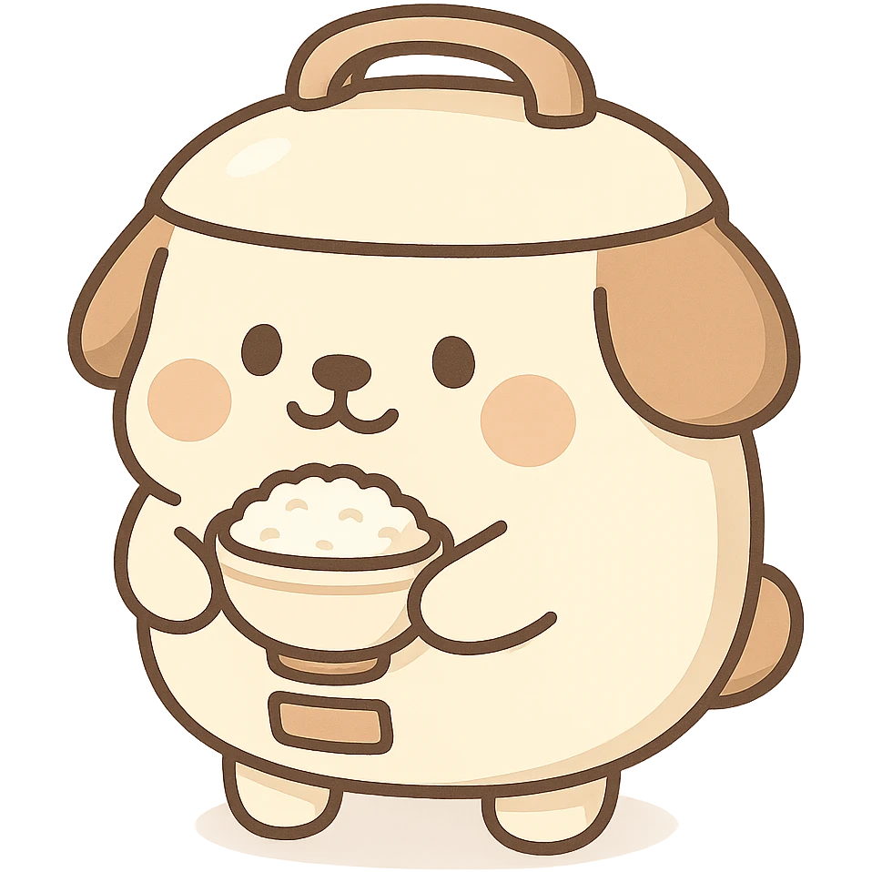 cute dog shaped like a rice cooker, round belly, holding a rice bowl, soft cream and brown colors, full-body emoji