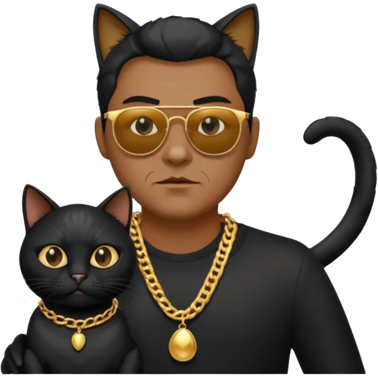 Freaky Larry is a cat with a gold chain and sunglasses standing behind a scared man with no facial hair. Make sure the cat is black emoji