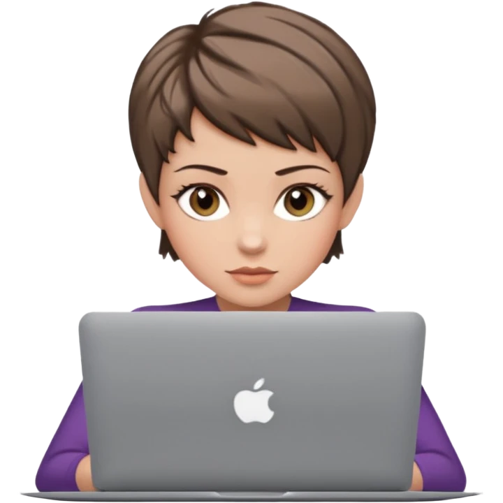 macbook pro woman pixie haircut ash brown hair hazel eyes emoji