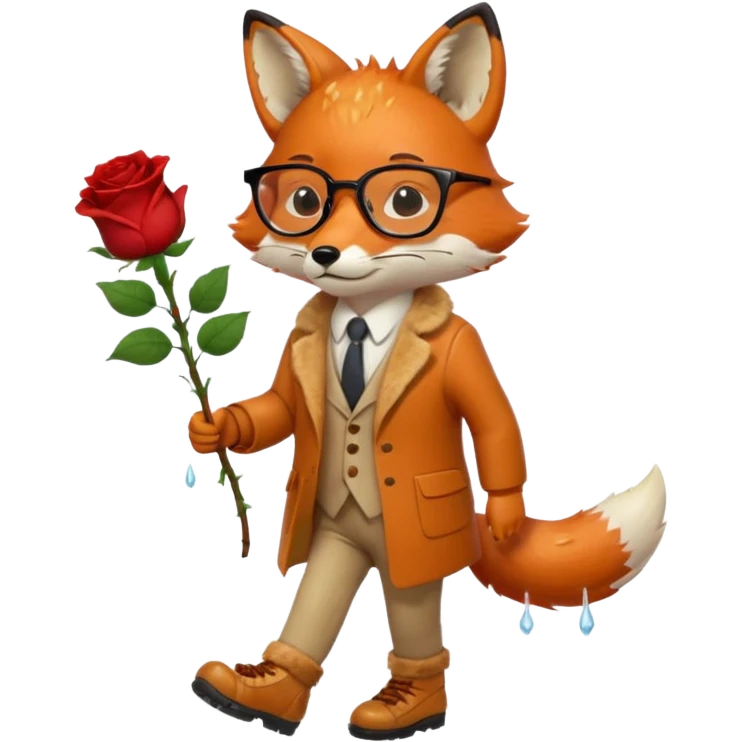 a fox with glasses, walking with shoes on and raining on him, also a dead rose in his hands and he's sad emoji