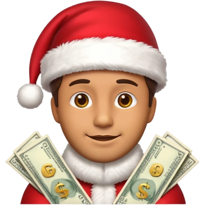 A confident rich emoji face wearing a Santa hat, money stacks, casino vibe, New Year theme, premium 3D emoji style, sharp details, no t emoji