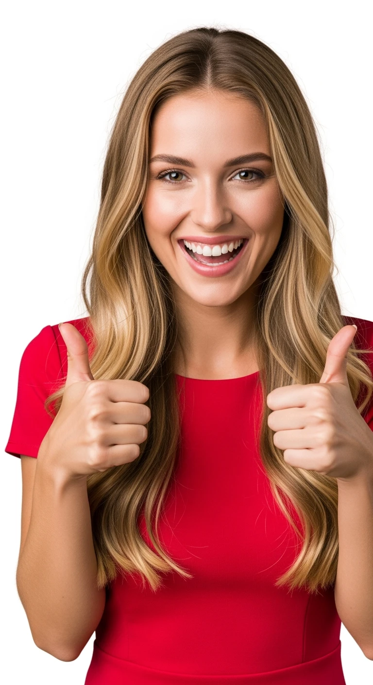 DONNA FELICE CON POLLICI ALZATI, IPERREALISTICA 4K, SENZA SFONDO emoji