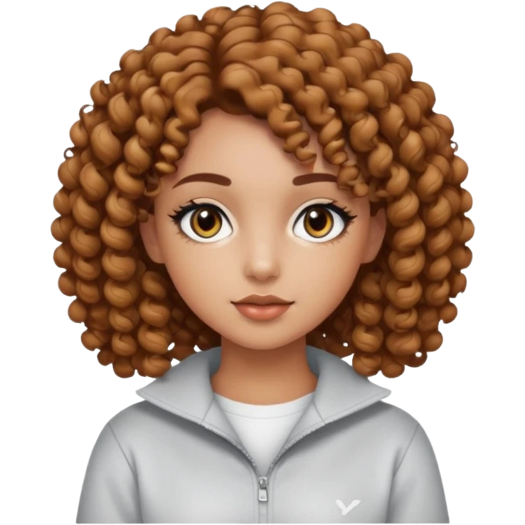 a light tanned girl with curly short length brown hair, black eyes, with y2k light color palette makeup and y2k outfit emoji