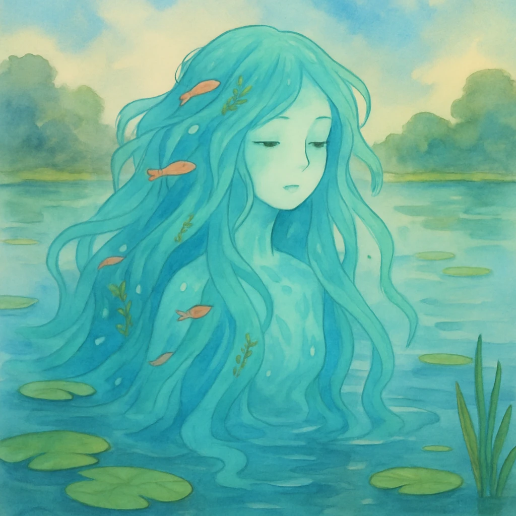 A fluid, translucent river spirit with flowing blue-green hair like water, decorated with small fish and water plants, emerging from a serene pond with lily pads, painted in a soft dreamy style emoji