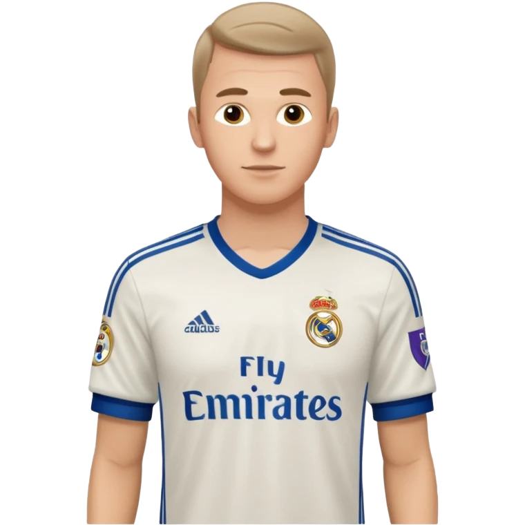 White male wearing Adidas Real Madrid jersey with Champions logo on sleeve and Fly Emirates on chest emoji